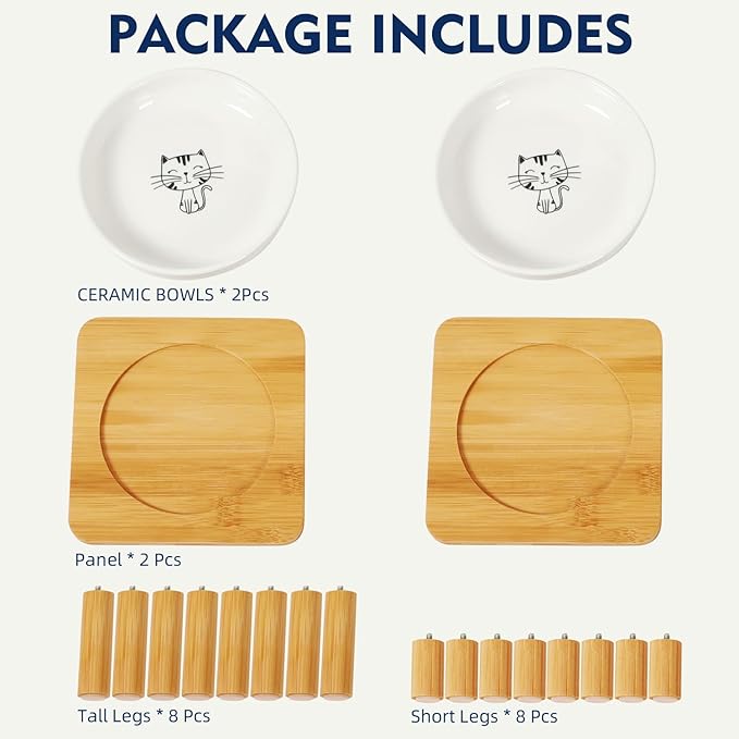 Elevated Cat Bowls for Indoor Cats – Raised Bamboo Cat Bowl Stand with 5.75 Inch Wide Ceramic Dishes, Pet Food Plate Table for Easy Feeding, Whisker Friendly (White,Set of 2)