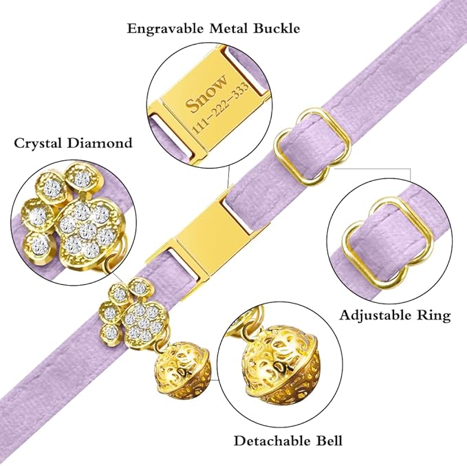 Personalized Breakaway Cat Collars - Magnetic Buckle, Bell - Safety Quick Release, Customized for Girls & Boys Cats- (Velvet-Light Purple)