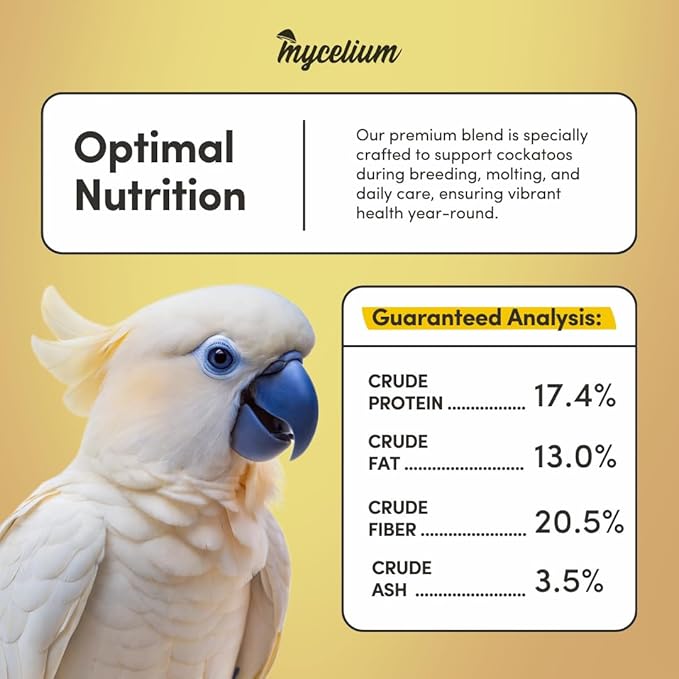 Mycelium Organic Cockatoo Bird Seed (5 LB Bag) | High-Protein Bird Food with Seeds, Pellets & Kibble | Supports Feather Health, Energy & Digestion | Non-GMO, USA-Grown