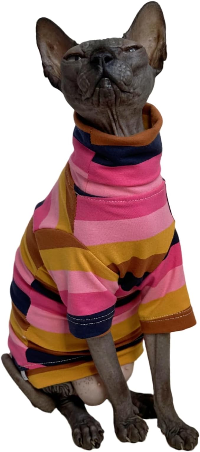 Vintage Stripes Sphynx Hairless Cats Shirt Cotton Cat Turtleneck Pet Clothes Kitten T-Shirts with Sleeves for Sphynx Cornish Rex, Devon Rex, Peterbald (Moning Glory, Medium (Pack of 1))