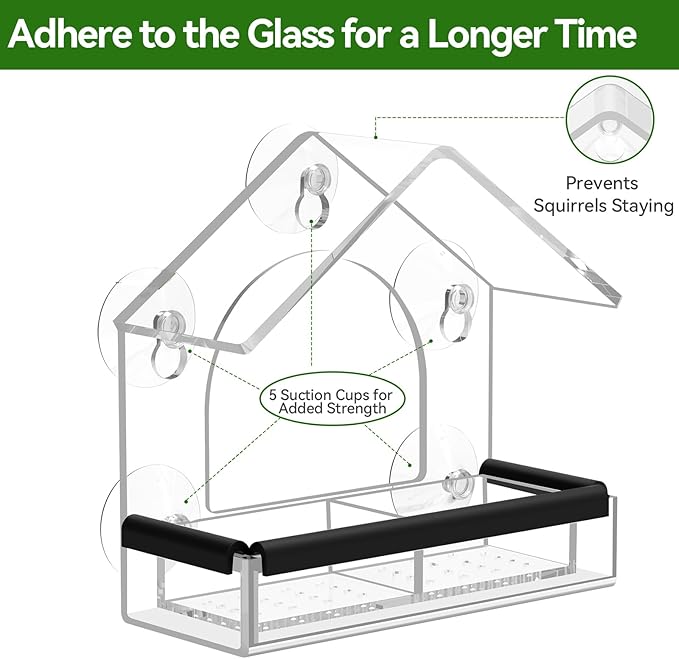 Clear Window Bird Feeder with 5 Extra Strong Suction Cups, DY-SKTY Sturdy and Durable Acrylic Birdfeeders for Viewing Wild Birds Outside, as a Bird Watching Gift, Outdoor Birdhouse Box, Garden Decor