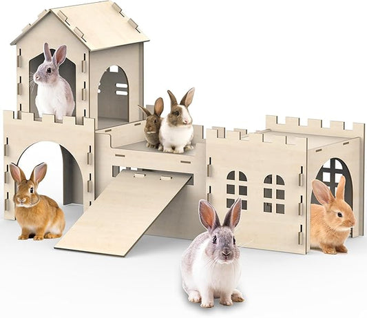 Large Bunny House and Hideouts, Wooden Dual-Layer Rabbit Castle with Stair, Rubber Band-Free Setup - Chew-Proof, Sturdy Habitat for Guinea Pig Chinchilla Ferret (Rabbit House)