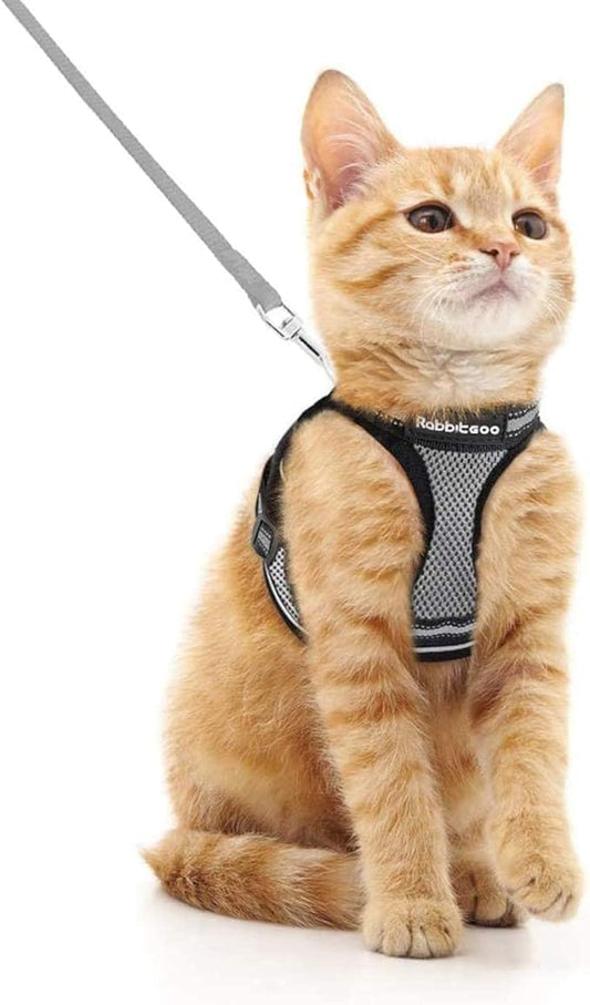 rabbitgoo Cat Harness and Leash Set for Walking Escape Proof, Adjustable Soft Kittens Vest with Reflective Strip for Cats, Comfortable Outdoor Vest, Grey, M