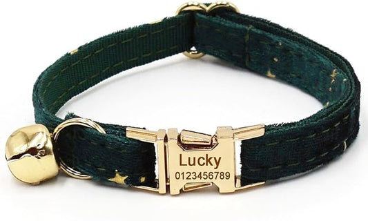 Personalized Cat Collar with Bells,Velvet Customized Small Cat Collar with Name Tag,Pet Collar with Name Phone Number Engraved ID Tags for Boy and Girl Kitten Cats (Green Star)