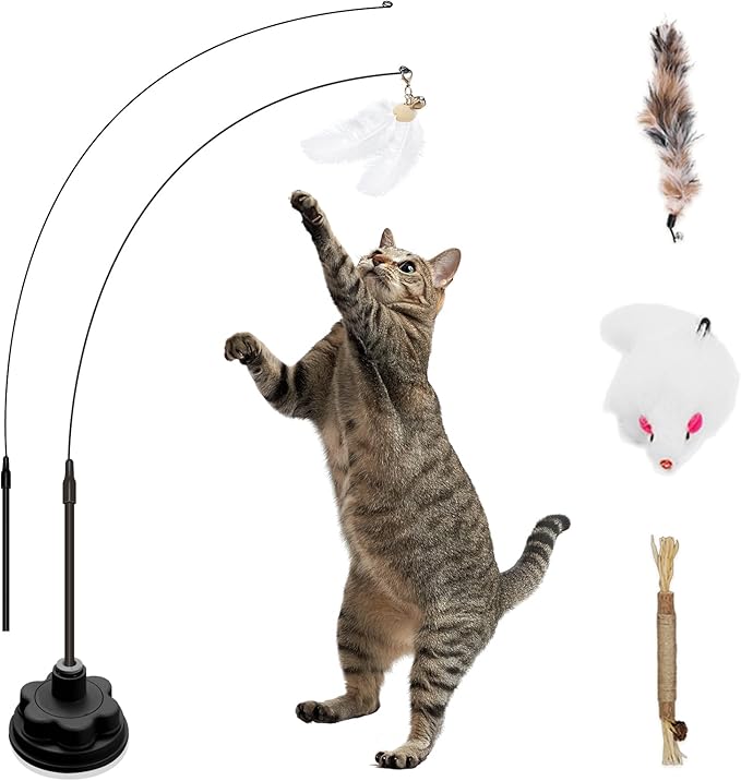 Suction Cup Cat Toys for Indoor Cats,3 in 1 Interactive cat Toys for Indoor Cats,Self Play or Handheld,Feathers & Bells,Realistic Toy Mouse and Silvervine Sticks（Black）