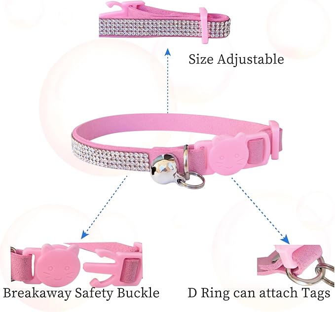 Pack of 2 Rhinestone Cat Collar Breakaway Safety Buckle with Bell, Adjustable Diamond Girl Boy Kitty Cute Comfy Collar for Kitten Small Pets Rabbits, 7.5"-11"