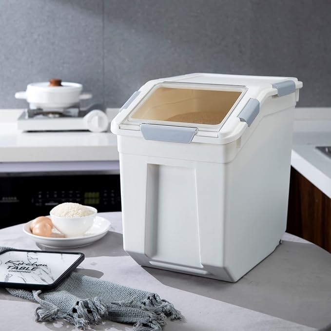 HANAMYA 25 Liter / 40 lbs Rice Storage Container with Measuring Cup, BPA free, For Rice | Grain | Pet Food | Flour, 1 count, White