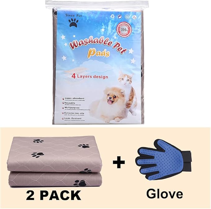 SincoPet Washable Dog Pee Pads with Puppy Grooming Gloves,Puppy Pads,Reusable Pet Training Pads,Large Dog Pee Pad,Waterproof Pet Pads for Dog Bed Mat,Super Absorbing Whelping Pads
