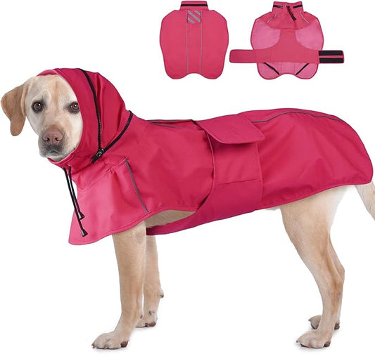Waterproof Dog Raincoat, Windproof Rain Jacket for Large Dogs with Reflective Strips, Convertible Hood/Collar Poncho with Leash Hole Full Body Protection (Neon Pink, XXL)