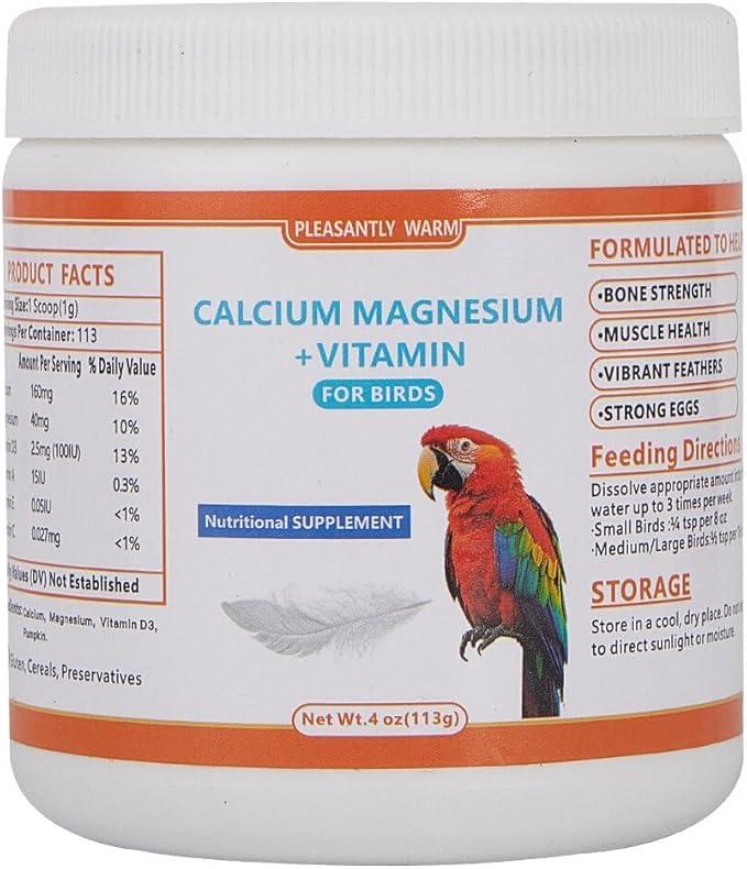 Calcium Powder for Birds with Magnesium & Vitamin D3 – 4oz，Essential for molting Period ， Faster Feather Regrowth, Strong Beak & Bone