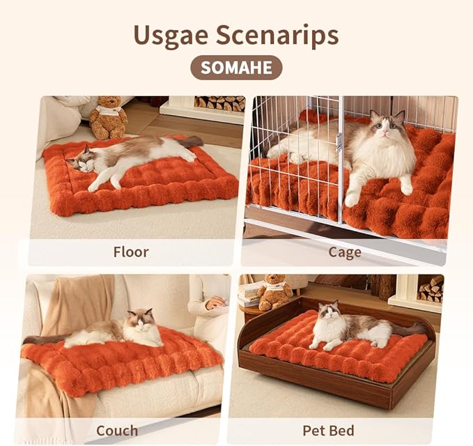 Cat Beds for Indoor Cats Faux Fur Pet Pad Mat Plush Kitten Bed with Non-Slip Bottom for Carriers/Couch Dog & Puppy Friendly 23 x 15 Inch Small Orange