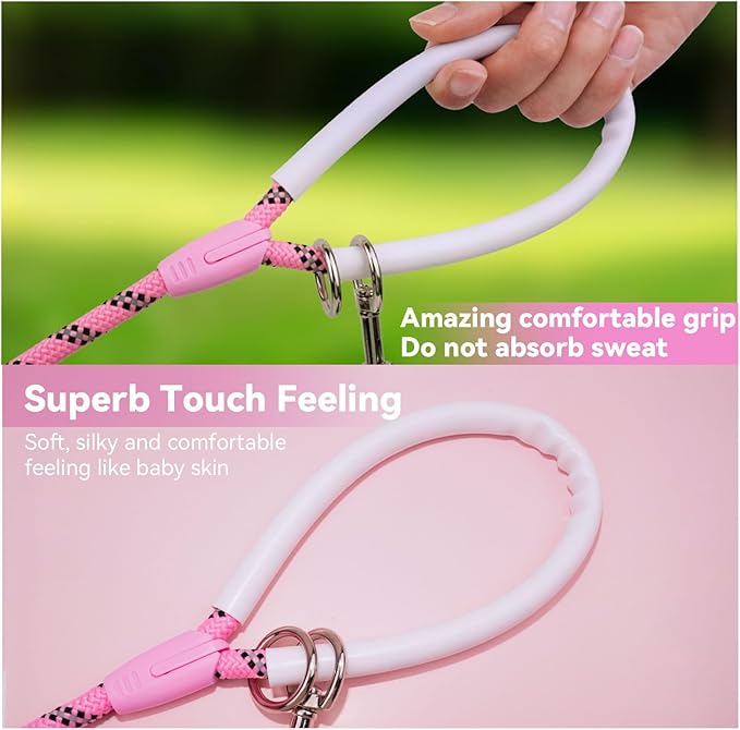 Nylon Dog Leash 6FT 10FT 20FT 30FT Diameter 2/5 Inch with Comfortable Silicone Handle Highly Reflective No Tangle for Medium Large Dogs Outside Walking Camping Backyard. (Pink, 6FT)