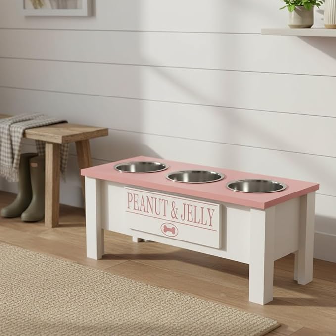 GrooveThis Woodshop - Personalized Elevated Triple Dog Bowl Stand for Large, Medium, Small, X-Small Dogs - 3 Stainless Steel Food and Water Bowls - Raised Dog Dish with Internal Storage (Large, Pink)