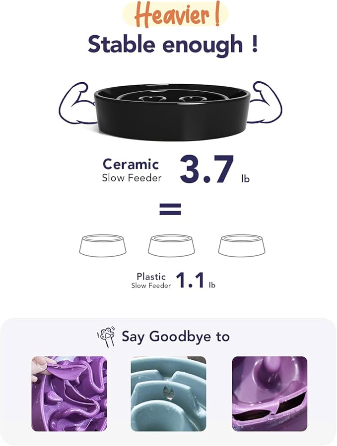 LE TAUCI Slow Feeder Dog Bowls Ceramic,3 Cups Slow Feeding Dog Bowl Medium Large Breed, Pet Bowl for Fast Eaters, Puzzle Pet Dishes,Skull Black