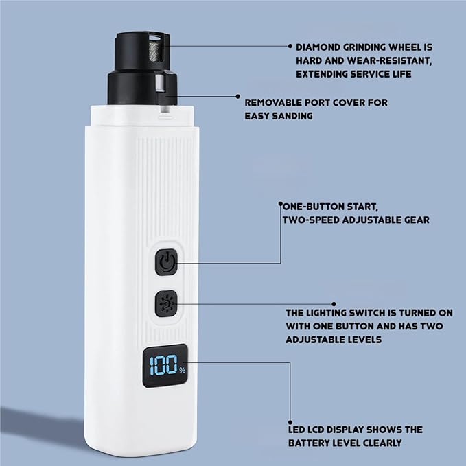 Catlabo Cat Nail, Catlabo Safe Cut Cat Nail Trimmer, Two Adjustable with 360° Grinding Settings, Low-Vibration Ultra-Quiet Under 40dB ＆ Powerful Enough for Thick Claws for All Kinds Pets (White)