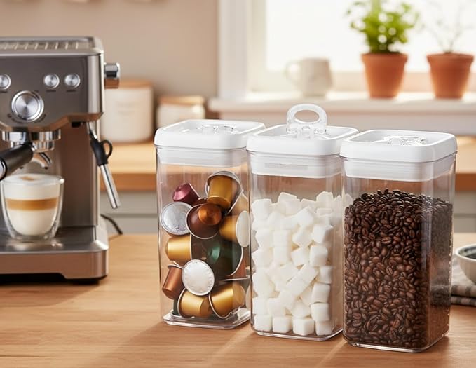 Felli Flip Tite Food Storage Container with Lid Airtight 4" Ring Seal Flip Top, Stackable Acrylic Canister Jar for Pantry Kitchen Counter, Snack Coffee Bean Granola Pet Treats Cracker Holder (1.2 L)