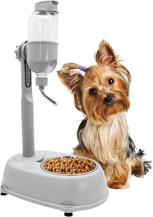 Fhiny Dog Water Feeder Bottle with Stand, Dispenser Automatic Water Food Bowl for Cage Leak-Proof No-Drip Adjustable Raised Pet Slow Water Bottle Dog Kennel Durable Drinker Container