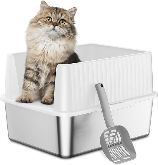 Zarler Stainless Steel Litter Box for Kittens, Small Cat Litter Boxes 17" L x 13" W x 11.8" H, Metal Kitty Litter Box with High Sides, White (Non-Sticky, Easy to Clean, Anti-Urine Leakage)