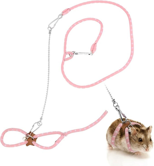 Hypeety Hamster Adjustable Training Lead Leash Nylon for Hamster Rat Squirrel Gerbil Pet Cage Playhouse Leashes Band Finder Collar Bell (Pink)