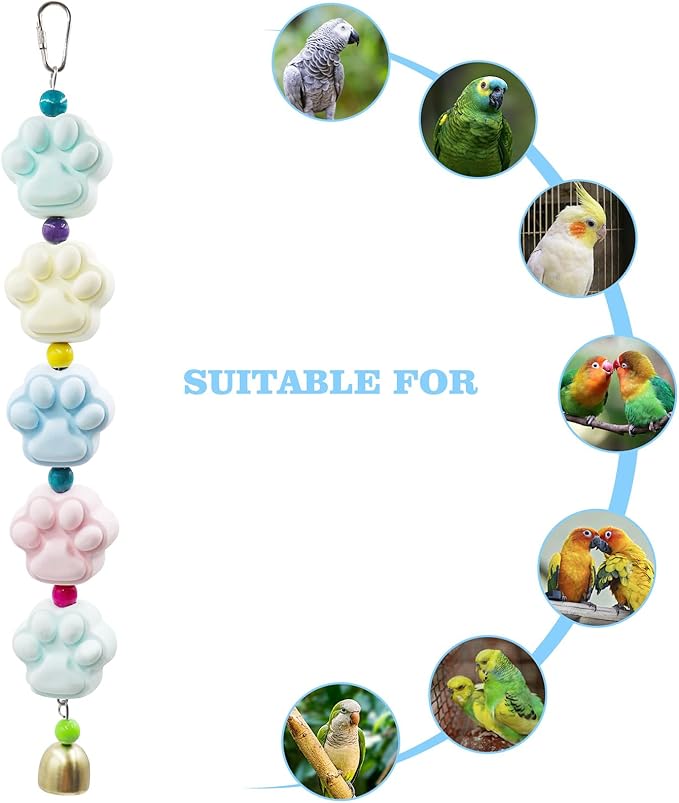 Mineral Chew Toy, Paw Shape Colorful Beaded Bird Toys with Bells | Beak Grinding & Foraging Enrichment for African Grey, Amazon Parrots, Budgies, Cockatiels, Conures