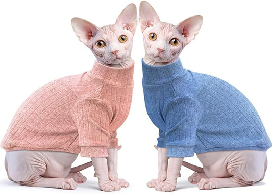 Idepet Sphynx Hairless Cats Sweater Shirt Kitten Soft Puppy Clothes Pullover Cute Cat Pajamas Jumpsuit Cotton Apparel Pet Winter Turtleneck for Cats and Teacup Chihuahua(2 Pack-Blue&Pink,M)