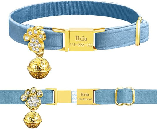 Personalized Breakaway Cat Collars - Magnetic Buckle, Bell - Safety Quick Release, Customized for Girls & Boys Cats- (Velvet-Sky Blue)