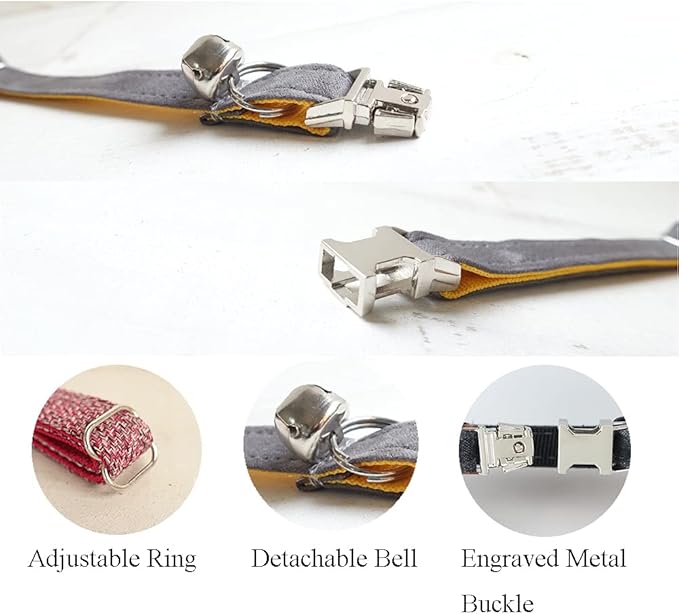 Personalized Cat Collar with Name Plate,Adjustable Tough Nylon Cat ID Collars with Bell,Customize Engraved Pet Name and Phone Number (Velvet Style A)