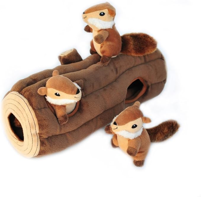 ZippyPaws Burrow- Interactive Dog & Puppy Toys for Boredom, Stimulating Pet Products to Keep them Busy, Hide & Seek Plush Dog Puzzles, Squeaky Toy for Enrichment, For Small & Medium Dogs- Chipmunk Log