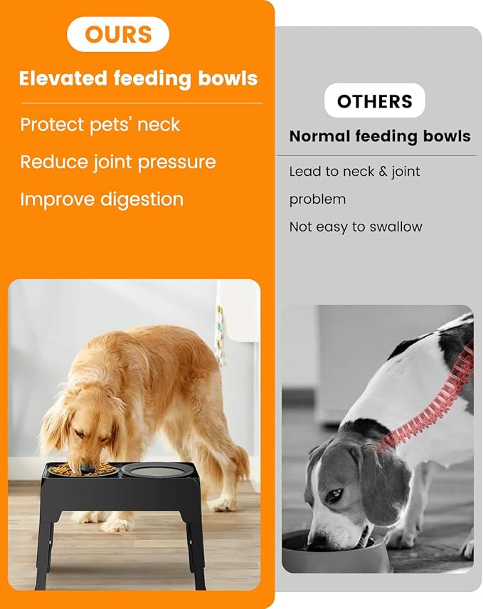 Elevated Dog Bowls, Raised Bowl Stand with No Spill Slow Water Feeder & Stainless Steel Food Dish, Adjustable Feeding Station for Small Medium Large Dogs