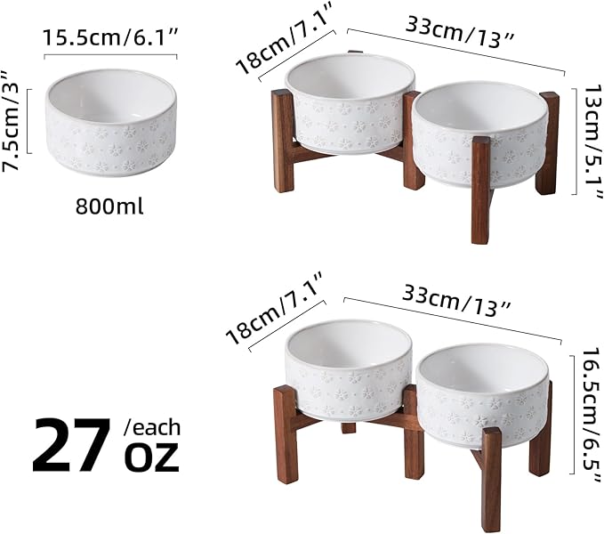 6.1inch Ceramic Raised Double Bowls Set with Acacia Wood Stand, 2 Heights Elevated, Food & Water Bowls for Small Breed Dogs, Weighted Dog Dishes, Pet Bowl(27oz, Arctic White)