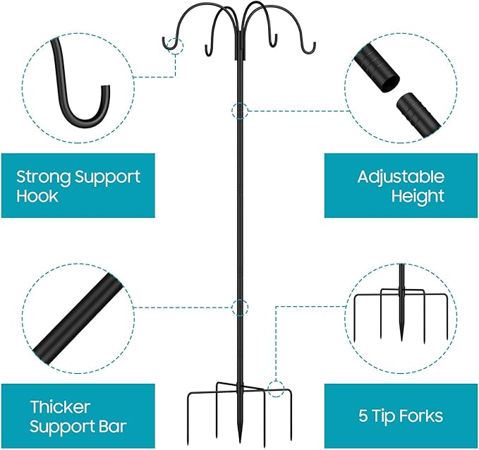 4-Hooks Shepherds Hooks for Outdoor,103'' Bird Feeder Pole with 5-Prong Base,Adjustable Bird House Stand Hanger for Garden Plant,Hummingbird Feeders, Lanterns, Wind Chime