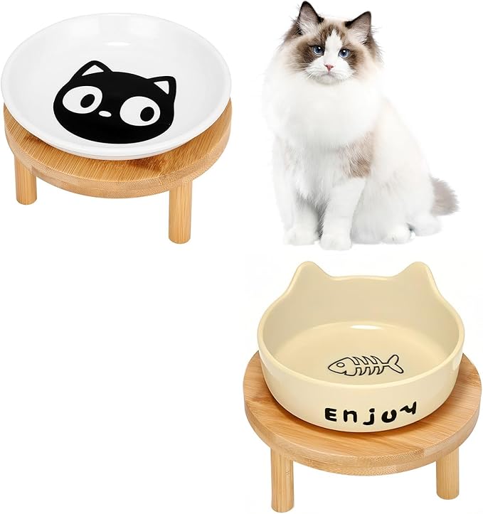 3PCS Elevated Cat Bowls,Wide Raised Ceramic Pet Dishes with Bamboo Stand, Whisker Friendly Pet Water or Food Plates Feeding Station for Indoor Small Dogs, Kitten (Yellow+White)