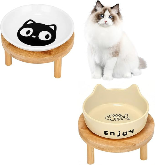 3PCS Elevated Cat Bowls,Wide Raised Ceramic Pet Dishes with Bamboo Stand, Whisker Friendly Pet Water or Food Plates Feeding Station for Indoor Small Dogs, Kitten (Yellow+White)