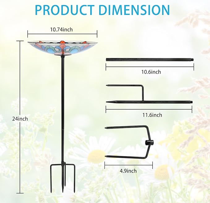 DREAM GARDEN Glass Bird Baths for Outdoors, Garden Birdbaths Birdfeeder 10" Dia Bowl with Metal Stake for Lawn Yard Decor, 24 Inch Height, Flower