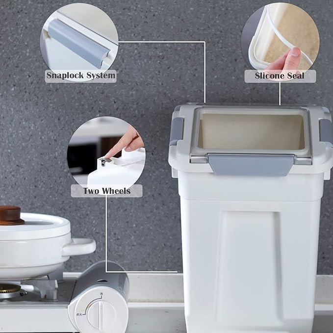 HANAMYA 15 Liter / 30 lbs Rice Storage Container with Measuring Cup, BPA free, For Rice | Grain | Pet Food | Flour, 2 count, White