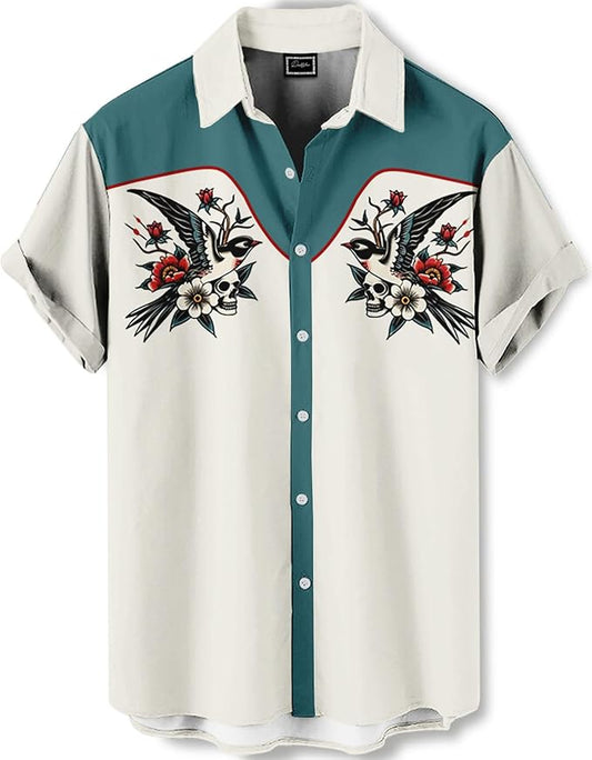 Men’s Hawaiian Shirt Western Cowboy Symmetrical Print Short Sleeve Button Down Casual Beach Holiday Summer Shirt