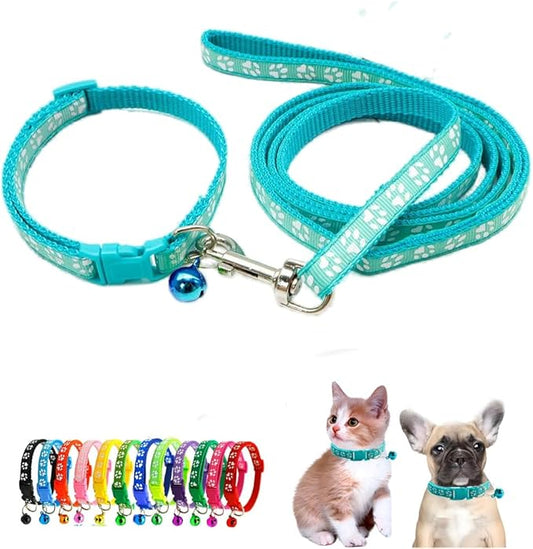 Puppy Collar with Bell Leash Set, Nylon Basic Reflective Girl Dog Collar Paw Print for XXS Xs Small Cat Pet Animal Litter Tiny Kitten,Mint Green