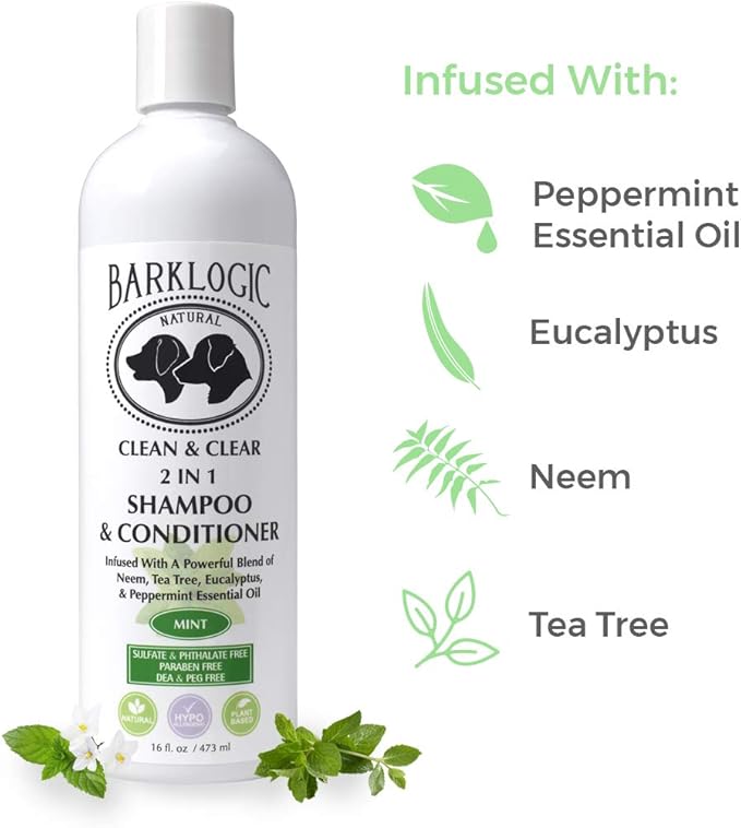 Clean & Clear 2 in 1 Shampoo & Conditioner, Mint, 16 fl oz - Grooming Essentials for A Quality Coat - No Parabens, No Phthalates, No Sulfates, No DEA & PEG, Safe & Vegan