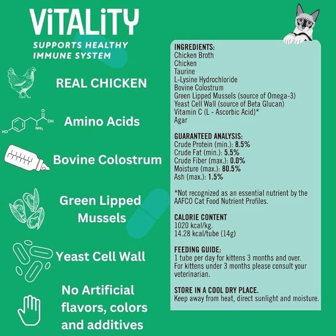 Kitty Up Lickable Cat Treats - Vitality Chicken Puree Squeeze Tubes with Lysine, Taurine & Beta Glucan | Immune Support for Indoor Cats (12 Pack)