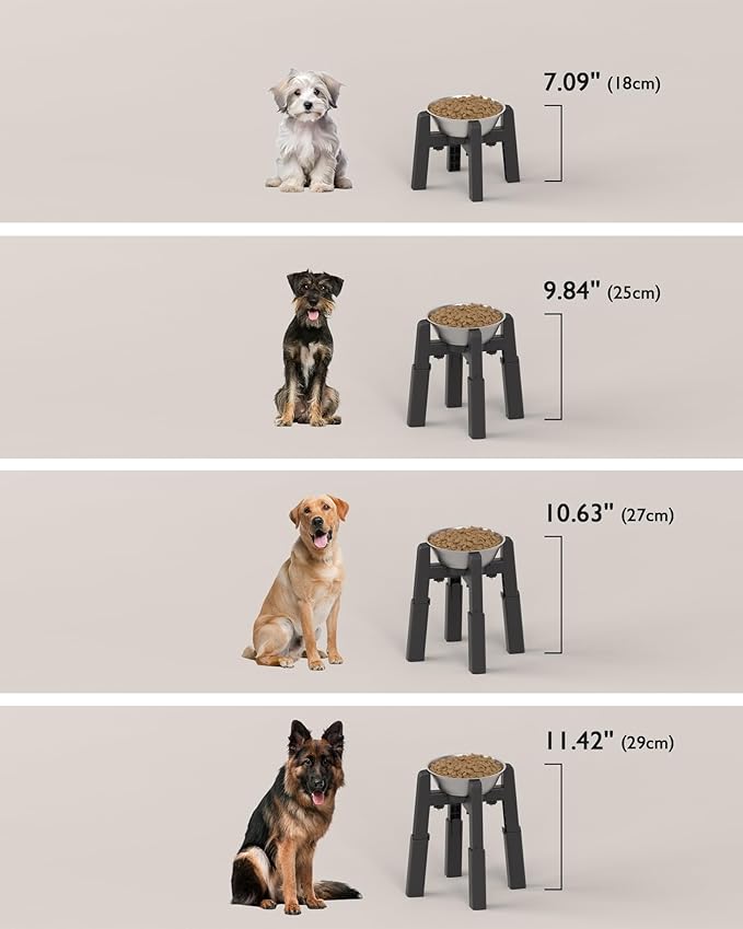 CZPET Dog Bowl Stand, 51 oz Large Capacity Raised Elevated Dog Food/Water Stainless Steel Feeder, Size and Height Adjustable & Anti-Slip Stand for Medium Dogs (2 Pack)