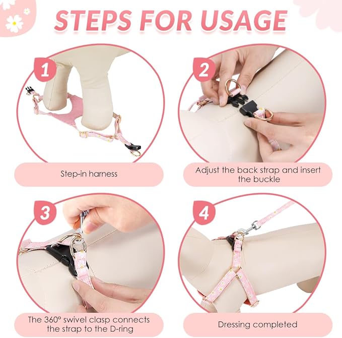 SlowTon No Pull Dog Harness with Leash - Soft Lightweight Floral Pattern Puppy Harness, Adjustable Pet Harness for Small Medium Dogs (Pink Daisy S)