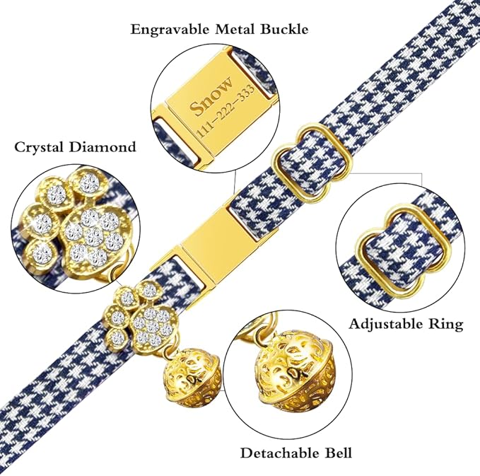Personalized Breakaway Cat Collars - Magnetic Buckle, Bell - Safety Quick Release, Customized for Girls & Boys Cats- (Houndstooth-Navy)