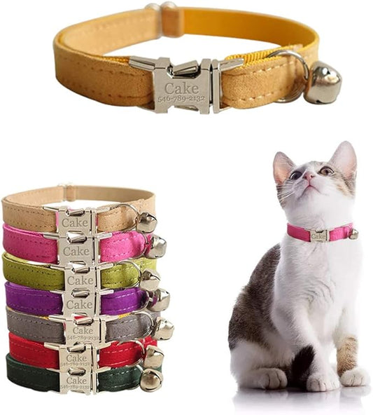 Personalized Cat Collar with Name Plate,Adjustable Tough Nylon Cat ID Collars with Bell,Customize Engraved Pet Name and Phone Number (Velvet Style A)
