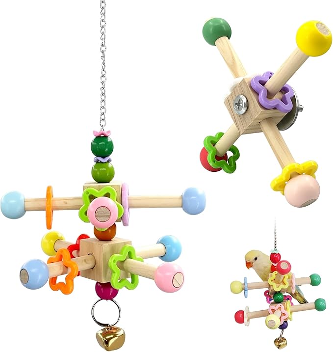 2 Pcs Parakeet Toys, Natural Wood Spinner with Bells, Hanging Cage Accessories for Small Medium Birds to Relieve Boredom and Anxiety