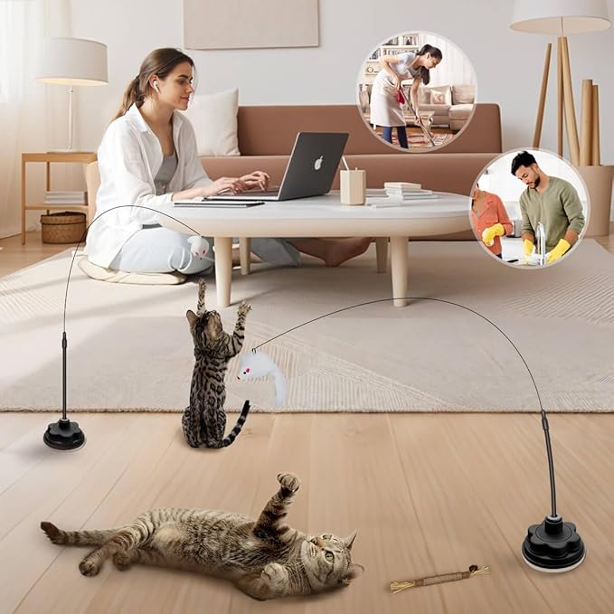 Suction Cup Cat Toys for Indoor Cats,3 in 1 Interactive cat Toys for Indoor Cats,Self Play or Handheld,Feathers & Bells,Realistic Toy Mouse and Silvervine Sticks（Black）