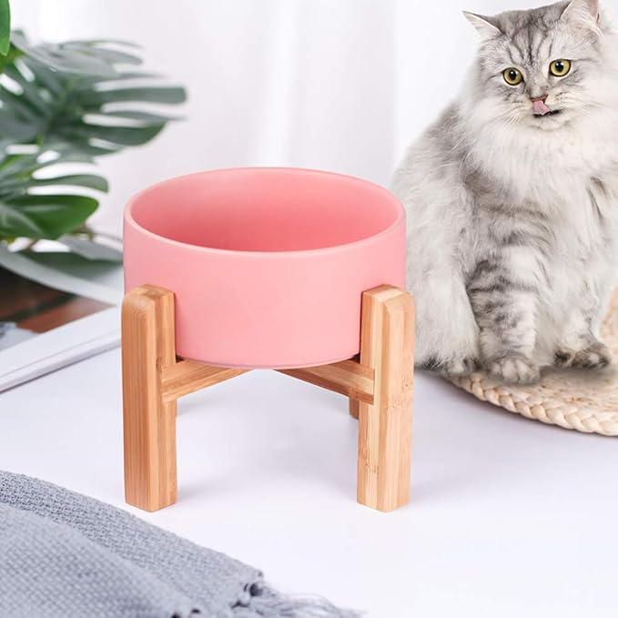 Pink Ceramic Elevated Raised Cat Bowl with Wood Stand No Spill Pet Food Water Feeder Cats Small Dogs