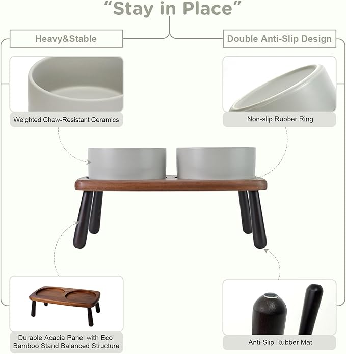 SPUNKYJUNKY Ceramic Elevated Dog Bowls Raised with Acacia Bamboo Wooden Stand, 6.1'' Dog and Cat Food Water Bowls Set Non-Slip for Small Medium Sized Breed Microwave Dishwasher Safe - 28.7 OZ,Grey