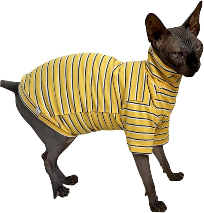 Vintage Stripes Sphynx Hairless Cats Shirt Cotton Cat Turtleneck Pet Clothes Kitten T-Shirts with Sleeves for Sphynx Cornish Rex, Devon Rex, Peterbald (Yellow Stripe, X-Large (Pack of 1))