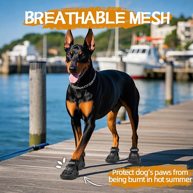 JZXOIVA Dog Shoes for Hot Pavement, Dog Booties for Medium Dogs, Breathable Dog Boots & Paw Protectors, Adjustable Non-Slip Dog Rain Booties, Waterproof Pets Sandals for Beach Black Size 5