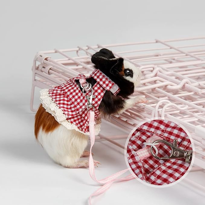 Guinea Pig Harness and Leash Plaid Hamster Harness, Adjustable Ferret Harness and Leash Set No Pulling Walking Vest for Ferret Chinchilla and Similar Small Animals (Small,Pink)